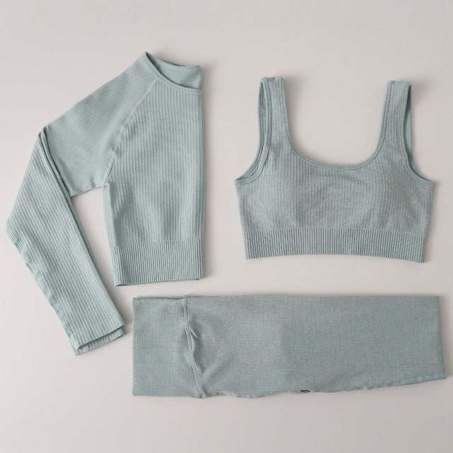 Peeli Ribbed Seamless Yoga Set Sport Suit Workout Clothes for Women Long Sleeve Gym Crop Top High Waist Leggings Fitness Set