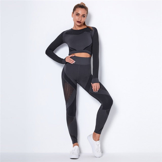 Hollow Out Seamless Yoga Set Sport Outfits Women Black Two 2 Piece Crop Top Bra Leggings Workout Gym suit Fitness Sport Sets