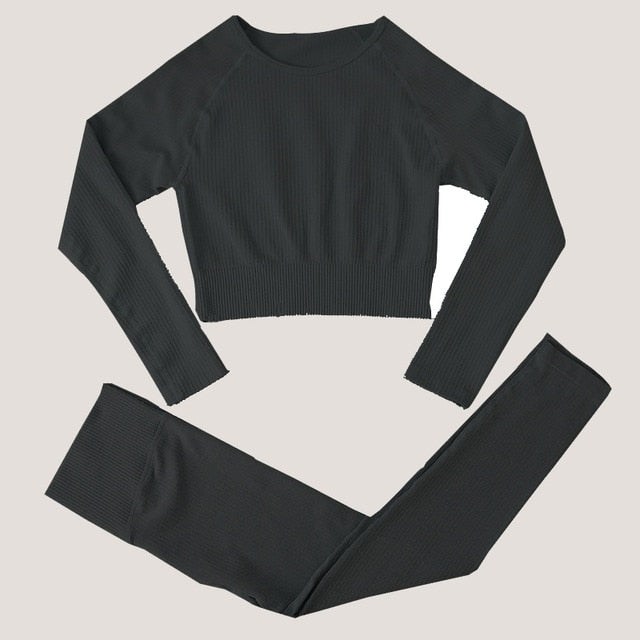Peeli Ribbed Seamless Yoga Set Sport Suit Workout Clothes for Women Long Sleeve Gym Crop Top High Waist Leggings Fitness Set
