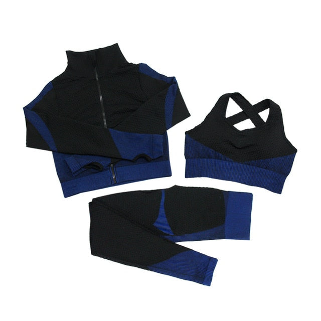 Fitness Suits Yoga Women Outfits 3pcs Sets Long Sleeve Shirt+Sport Bra+Seamless Leggings Workout Running Clothing Gym Wear,LF051