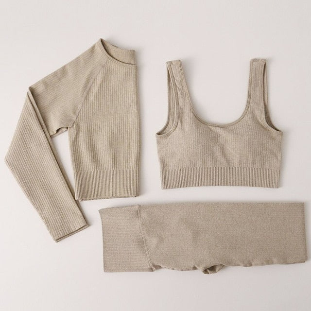Peeli Ribbed Seamless Yoga Set Sport Suit Workout Clothes for Women Long Sleeve Gym Crop Top High Waist Leggings Fitness Set