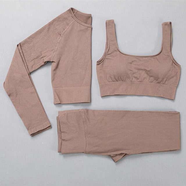 Peeli Ribbed Seamless Yoga Set Sport Suit Workout Clothes for Women Long Sleeve Gym Crop Top High Waist Leggings Fitness Set