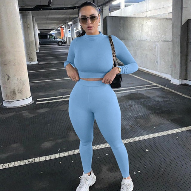 2021 Autumn Winter Women Sport Fitness 2 Two Piece Set Outfits Long Sleeve Solid Crop Tops Leggings Pants Set Bodycon Tracksuit