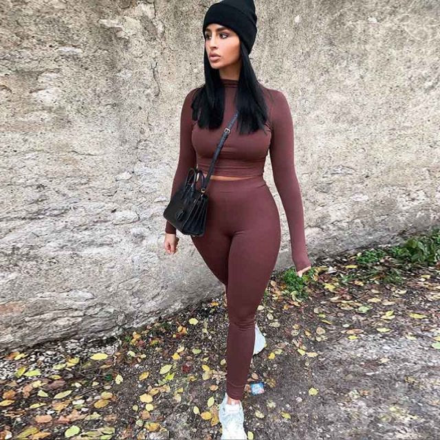 2021 Autumn Winter Women Sport Fitness 2 Two Piece Set Outfits Long Sleeve Solid Crop Tops Leggings Pants Set Bodycon Tracksuit