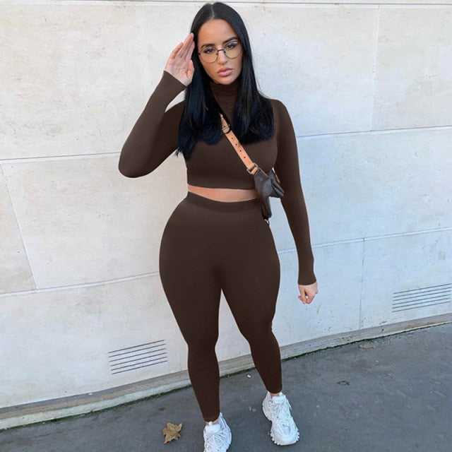 2021 Autumn Winter Women Sport Fitness 2 Two Piece Set Outfits Long Sleeve Solid Crop Tops Leggings Pants Set Bodycon Tracksuit
