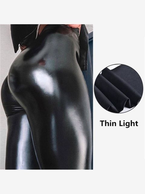 Qickitout Spandex 10% Black PU Leather Pants Women High Waist Skinny Push Up Leggings Elastic Trousers Jeggings