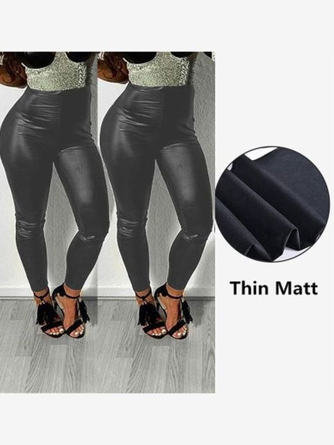 Qickitout Spandex 10% Black PU Leather Pants Women High Waist Skinny Push Up Leggings Elastic Trousers Jeggings