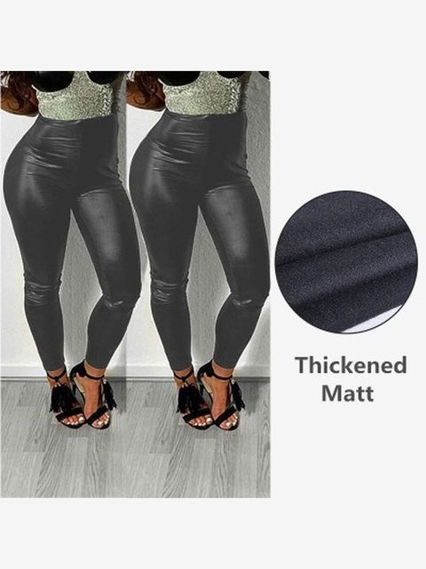 Qickitout Spandex 10% Black PU Leather Pants Women High Waist Skinny Push Up Leggings Elastic Trousers Jeggings