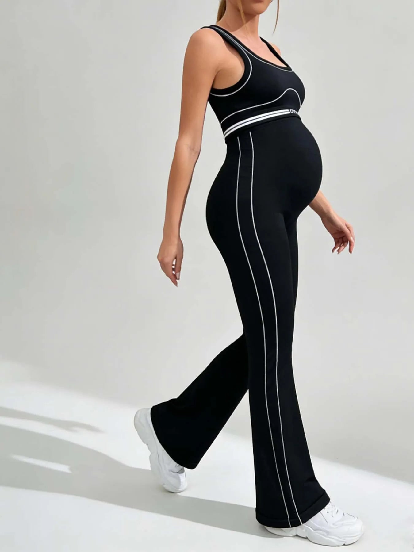 Women's Maternity Flare Pants Black White Trim High Waist Yoga Pants Stretchy Pregnancy Workout Leggings