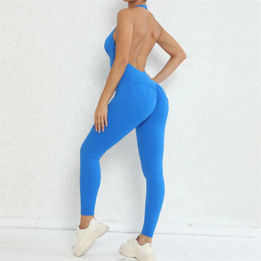 2024 Nylon Backless Halter V Cut Back Pocket Yoga Set Scrunch Gym Workout Pant Squat Proof Fitness Legging One Piece Jumpsuit