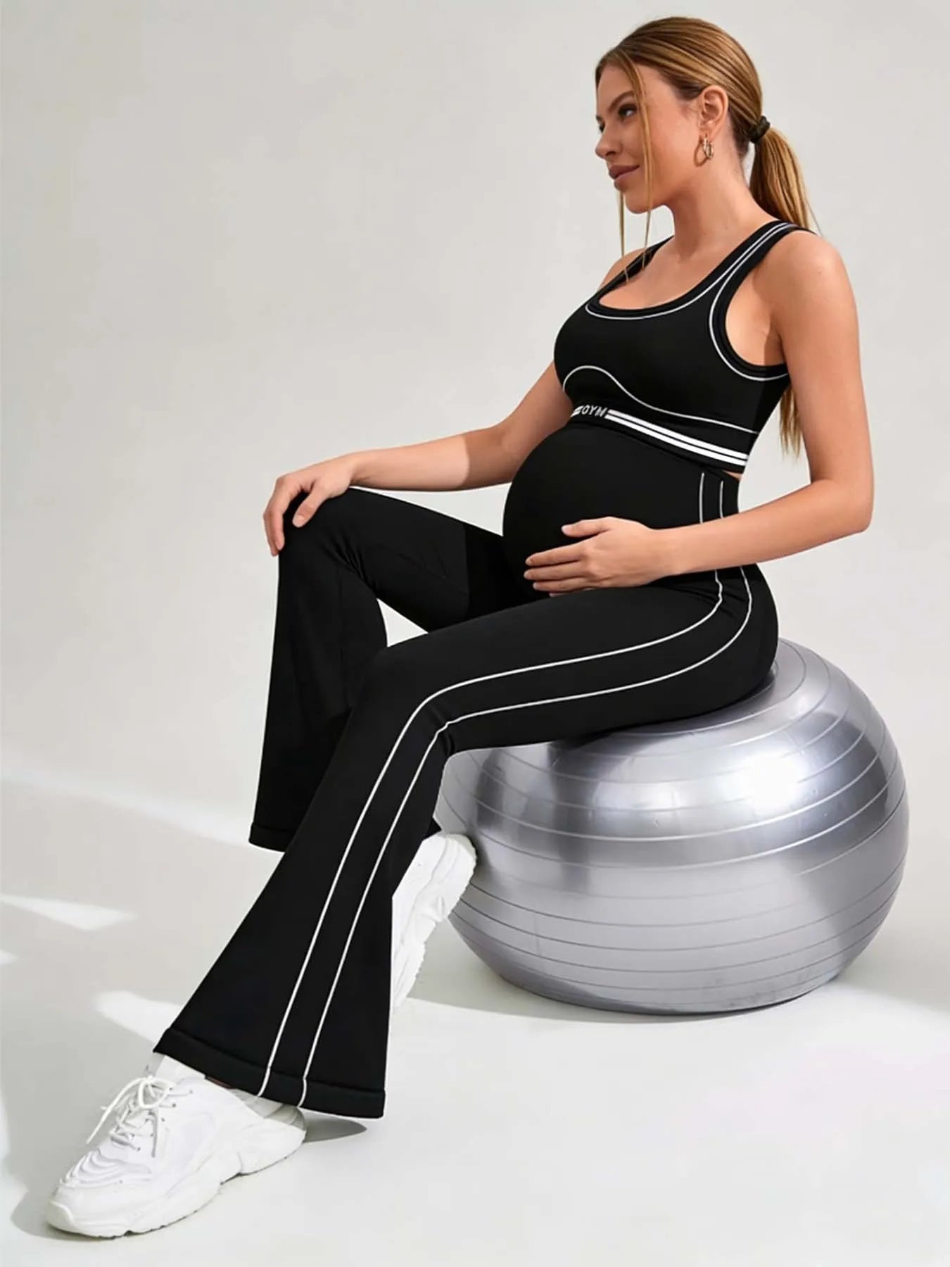 Women's Maternity Flare Pants Black White Trim High Waist Yoga Pants Stretchy Pregnancy Workout Leggings