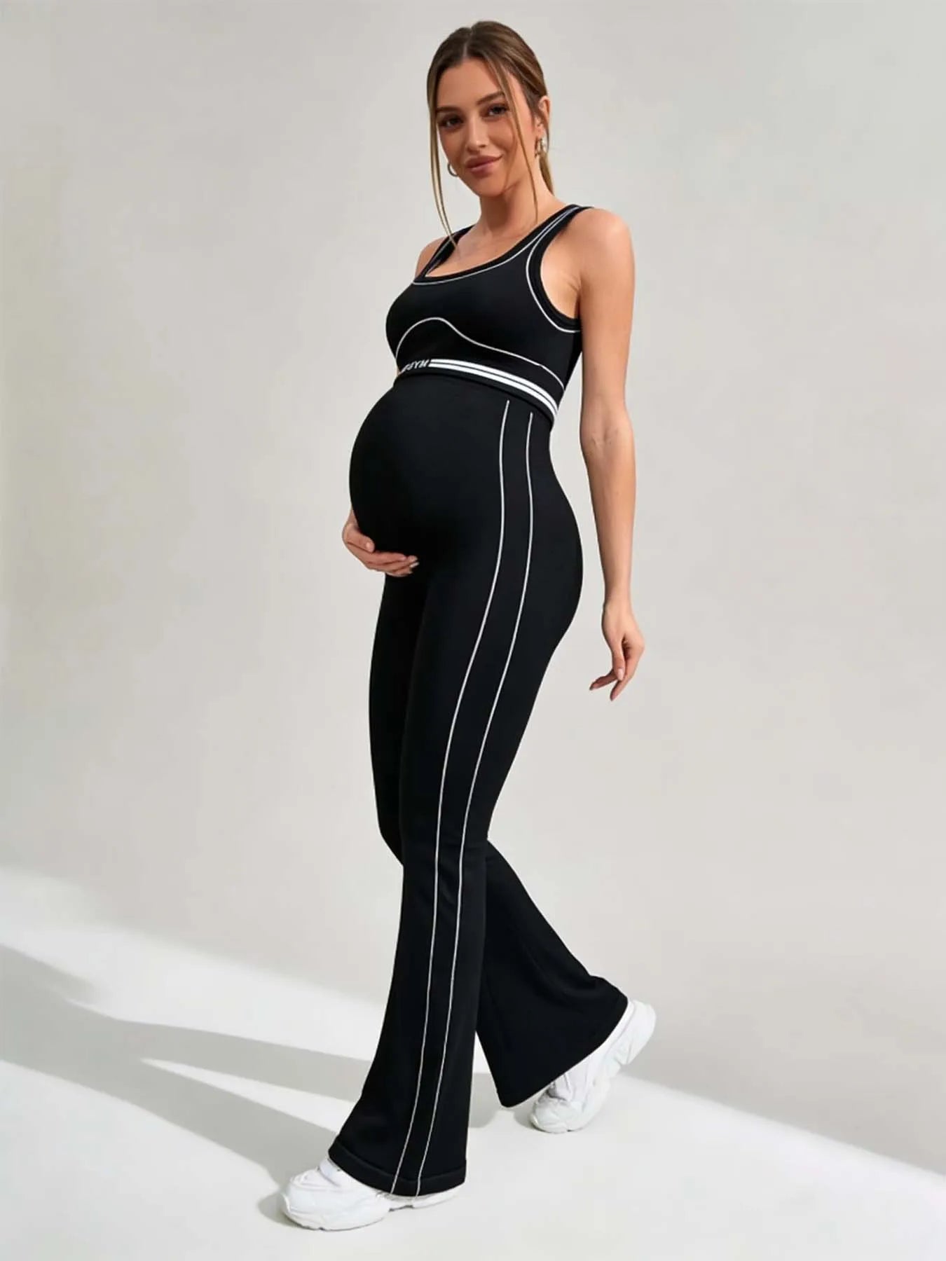 Women's Maternity Flare Pants Black White Trim High Waist Yoga Pants Stretchy Pregnancy Workout Leggings