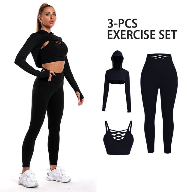 3Pcs Gym Set Women Seamless Yoga Set Sport Suit Long Sleeve Tracksuit Gym Clothing Women Workout Set Seamless Outfits