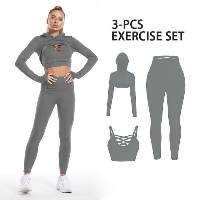3Pcs Gym Set Women Seamless Yoga Set Sport Suit Long Sleeve Tracksuit Gym Clothing Women Workout Set Seamless Outfits