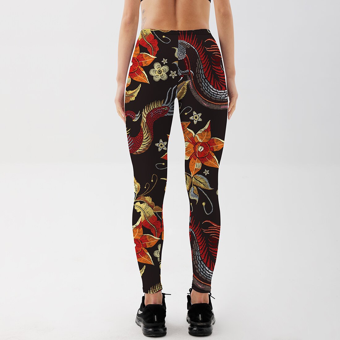 Qickitout Fitness Leggings Women Workout Push Up Legging Fashion Digital Print Fire Dragon Flower Embroidery Jeggings Pants