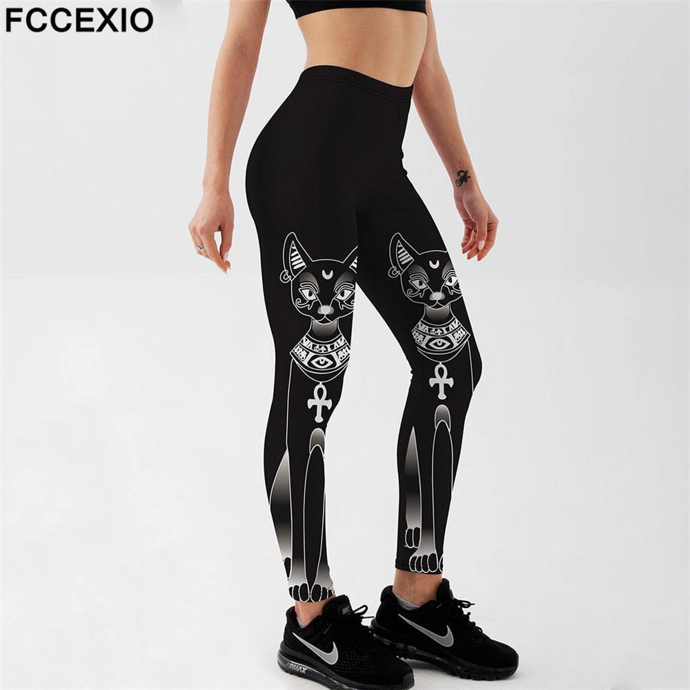 FCCEXIO Cat 3D Print Soft Stretch Fitness Leggings Women Workout Legging Fashion Jeggings Black High Waist Pants Mujer