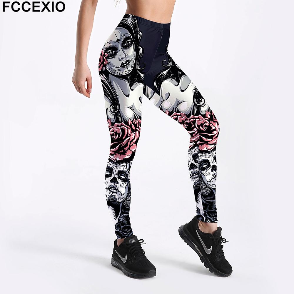 FCCEXIO Whosale Women Workout Leggings High Waist Fitness Legging Skull Witch Print Leggins Female Leg Pants  Leggings