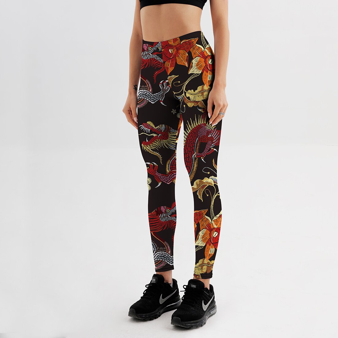 Qickitout Fitness Leggings Women Workout Push Up Legging Fashion Digital Print Fire Dragon Flower Embroidery Jeggings Pants