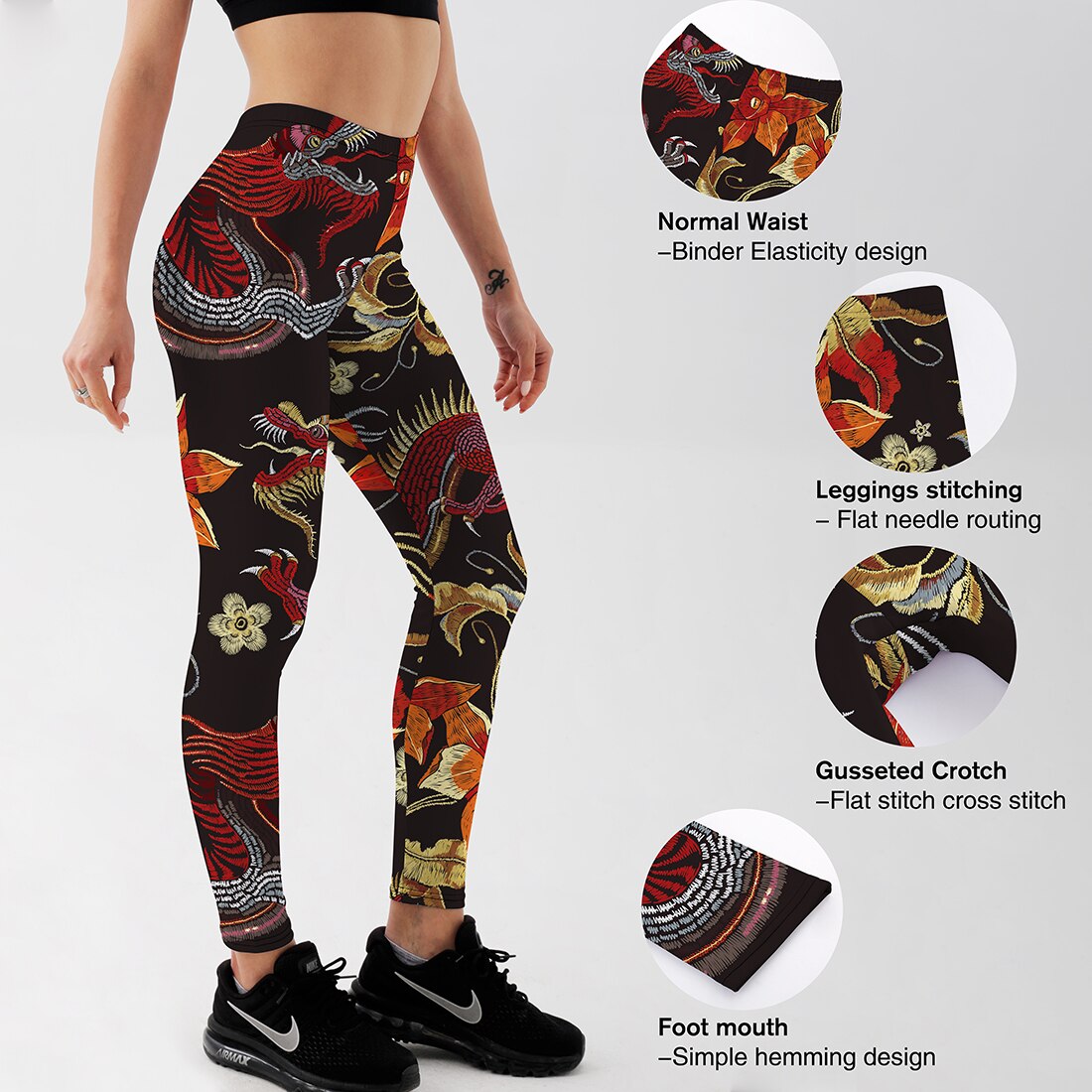 Qickitout Fitness Leggings Women Workout Push Up Legging Fashion Digital Print Fire Dragon Flower Embroidery Jeggings Pants