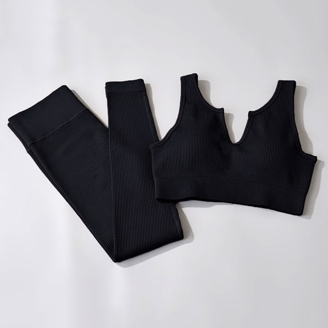 Ribbed Seamless Yoga Set Women Workout Sportswear Gym Clothing Fitness 2 Piece Outfit High Waist Leggings and Sports Bra Set
