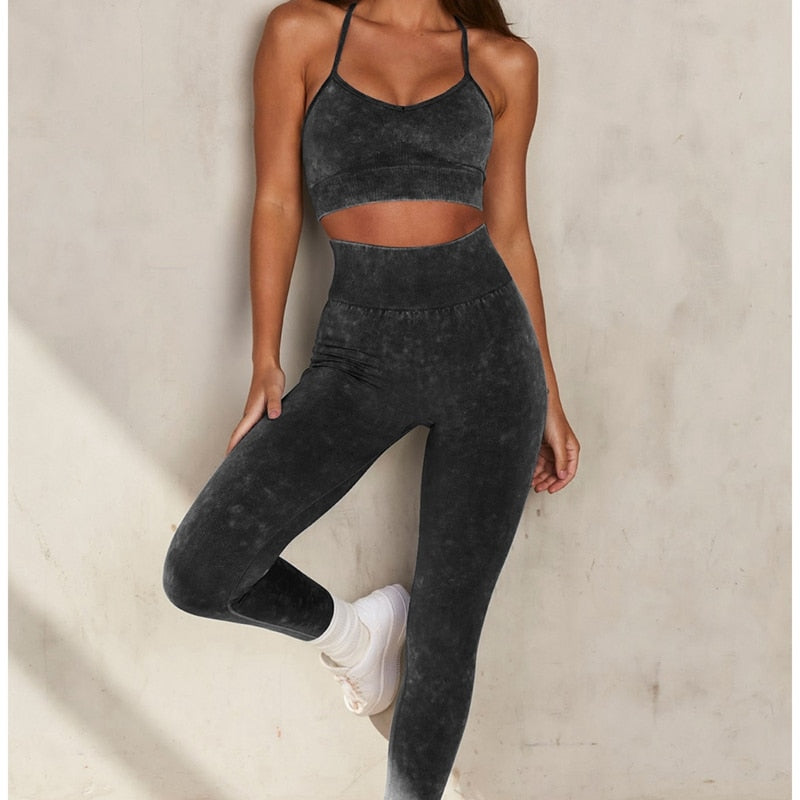 Sports Two Piece Yoga Set Outfit Women Workout Clothes Washed Fitness Seamless Suit High Waist Leggings Crop Top Rainbowshades