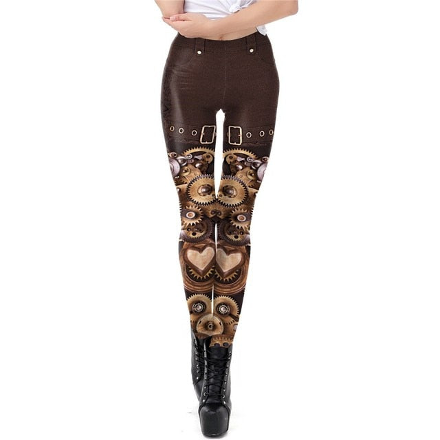 [You're My Secret] Steampunk Women Workout Leggings Mechanical Slim Fitness Leggins Ankle-Pants Gear 3D Printing Elastic Legins