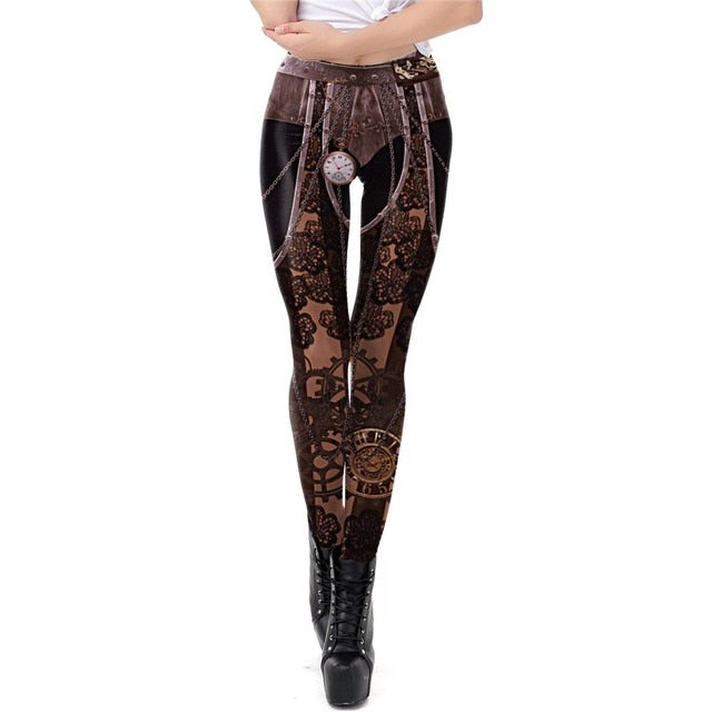 [You're My Secret] Steampunk Women Workout Leggings Mechanical Slim Fitness Leggins Ankle-Pants Gear 3D Printing Elastic Legins