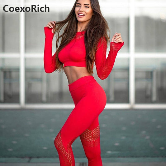 Yoga Set Women Sport Suit Gym Clothes 2 Piece Seamless Hollow Out Fitness Long Sleeve Crop Top High Waist Workout Leggings