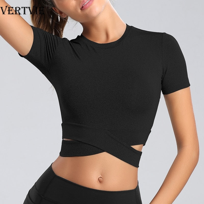 VERTVIE Tight Seamless Yoga Shirts Women Short Sleeve Cropped Gym Tops Fitness Woman Running Workout Sport T-Shirts Sports Wear