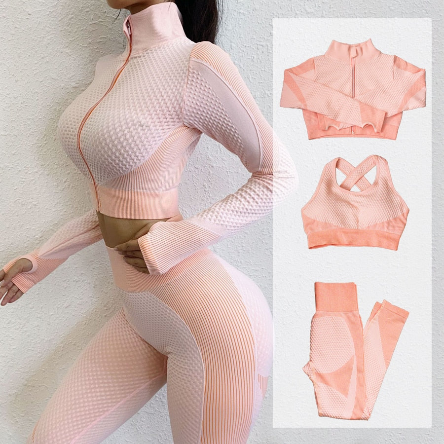 Fitness Suits Yoga Women Outfits 3pcs Sets Long Sleeve Shirt+Sport Bra+Seamless Leggings Workout Running Clothing Gym Wear,LF051