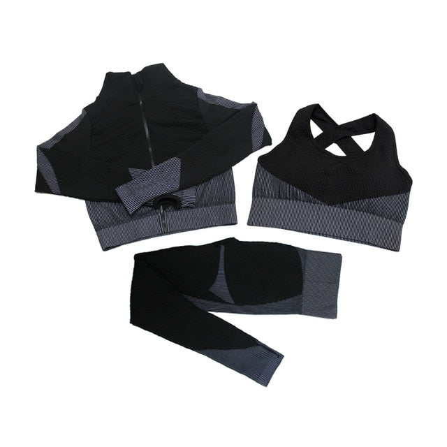 Fitness Suits Yoga Women Outfits 3pcs Sets Long Sleeve Shirt+Sport Bra+Seamless Leggings Workout Running Clothing Gym Wear,LF051