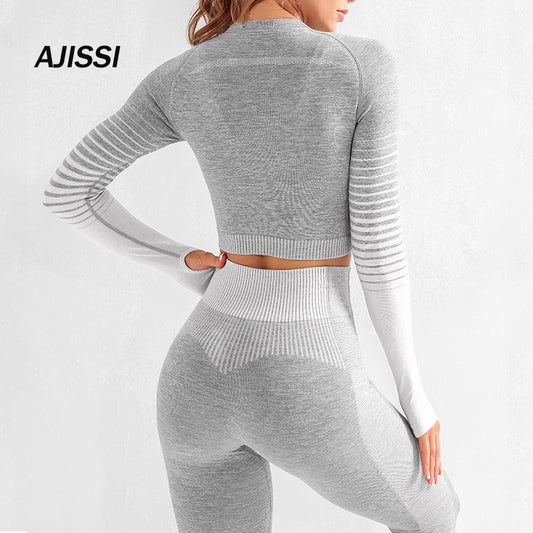 Seamless Women Yoga Set Workout Sportswear Gym Clothing Fitness Long Sleeve Crop Top High Waist Leggings Sports Suits